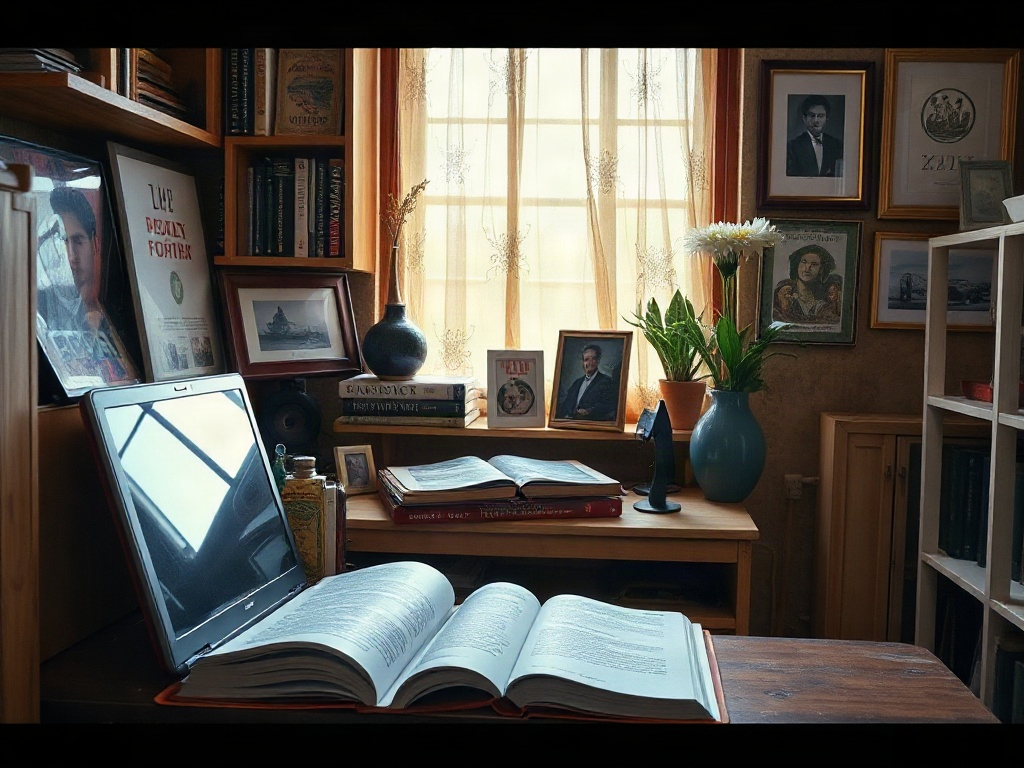На столе открытая книга, ноутбук, цветы и множество книг на фоне уютного окна.