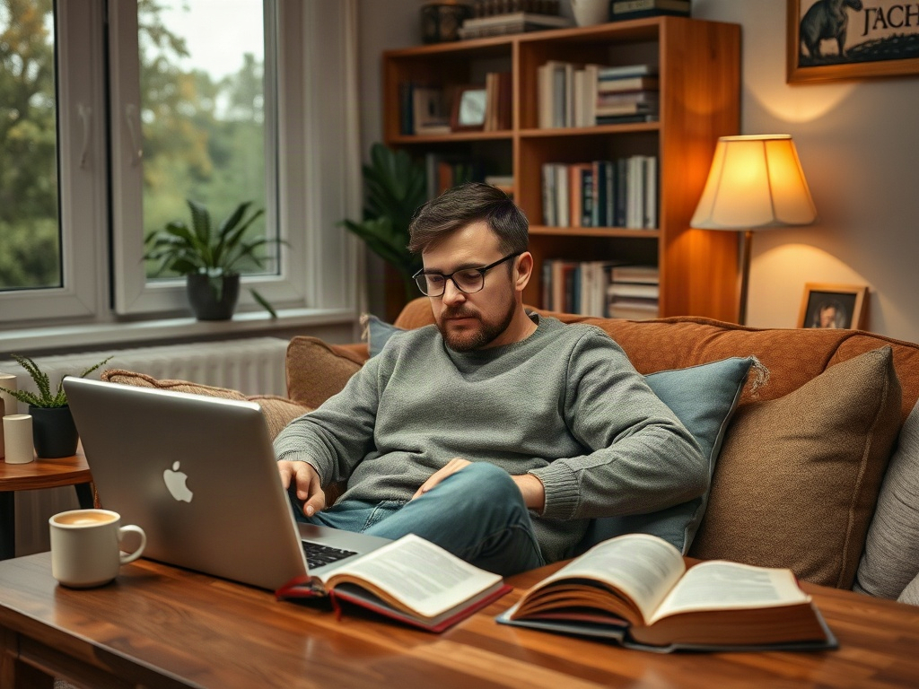 Мужчина работает за ноутбуком на диване, рядом с книгами и чашкой кофе, уютная обстановка.