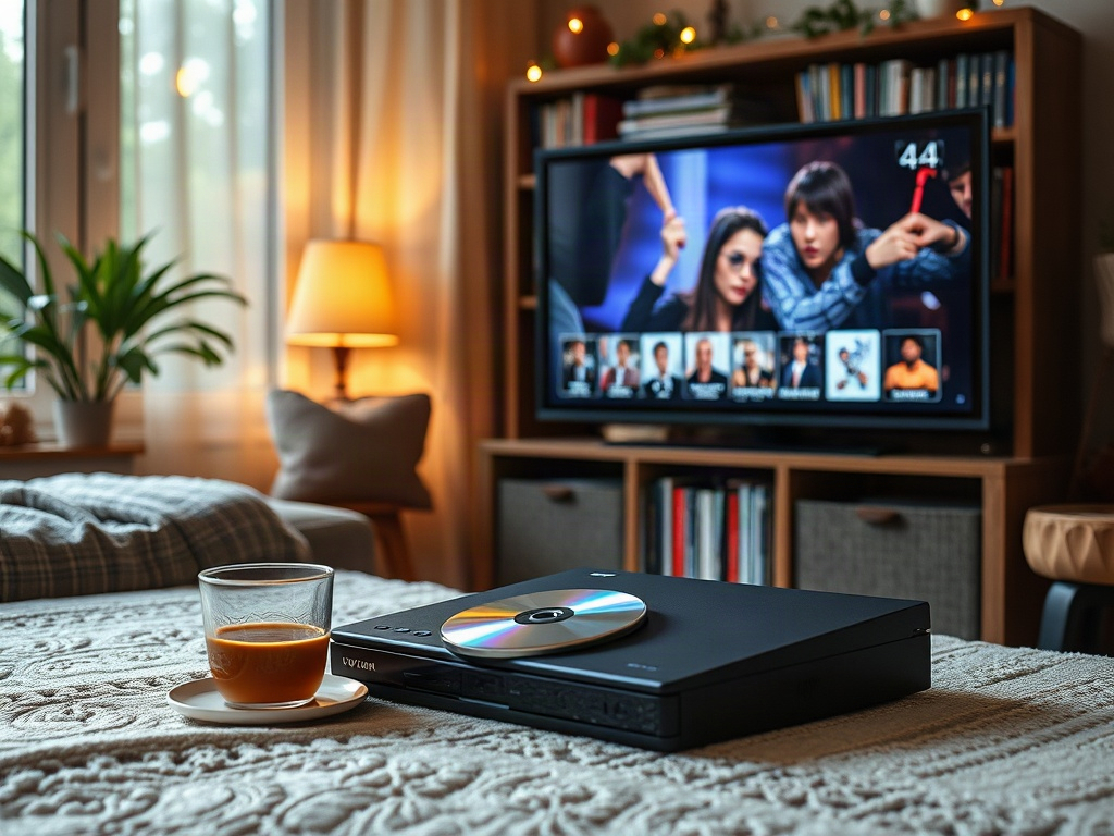 На столе лежит DVD-плеер и стакан чая, на телевизоре показывают фильм. Уютная атмосфера комнаты.