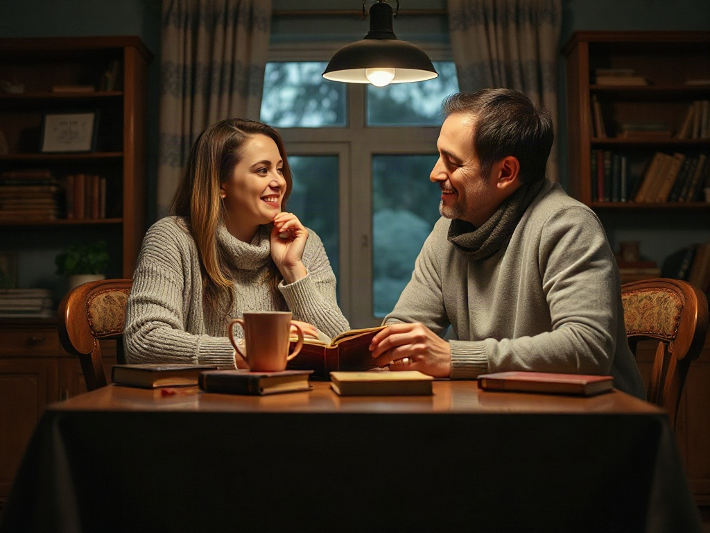 Два человека сидят за столом, улыбаясь друг другу, с книгами и чашками на столе. Тихая уютная обстановка.